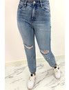 QUEEN HEART JEANS - BLUE - HIGH WAIST MUM JEANS RIPPED KNEE - 901