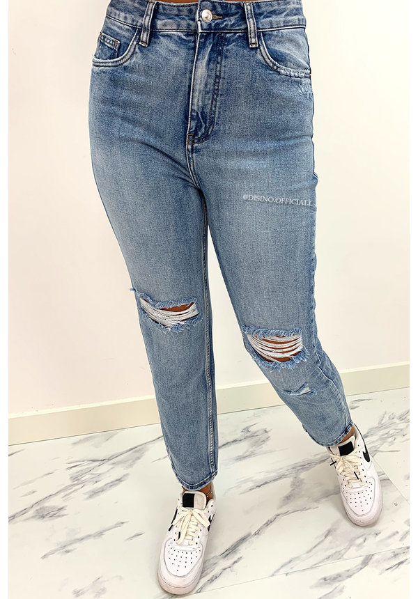 QUEEN HEART JEANS - BLUE - HIGH WAIST MUM JEANS RIPPED KNEE - 901