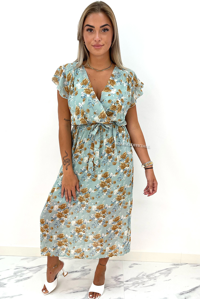 MINT GREEN 'ROSALIE' FLORAL RUFFLE MIDI DRESS DISINO Fashion
