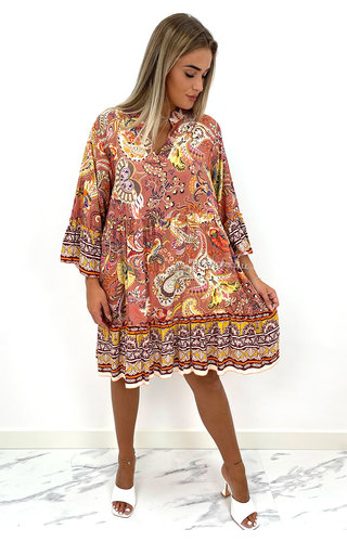 BEIGE - 'OLAYA' - PREMIUM QUALITY AZTEC PRINT A-LINE DRESS 