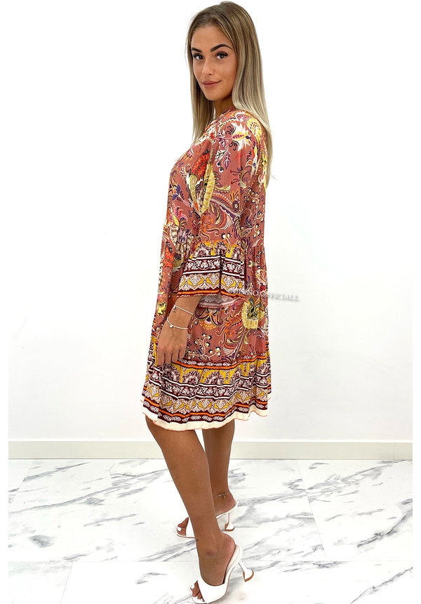 BEIGE - 'OLAYA' - PREMIUM QUALITY AZTEC PRINT A-LINE DRESS