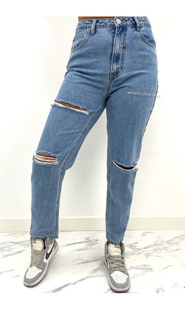 REDIAL - BLUE - HIGH WAIST RIPPED MOM JEANS - 1266