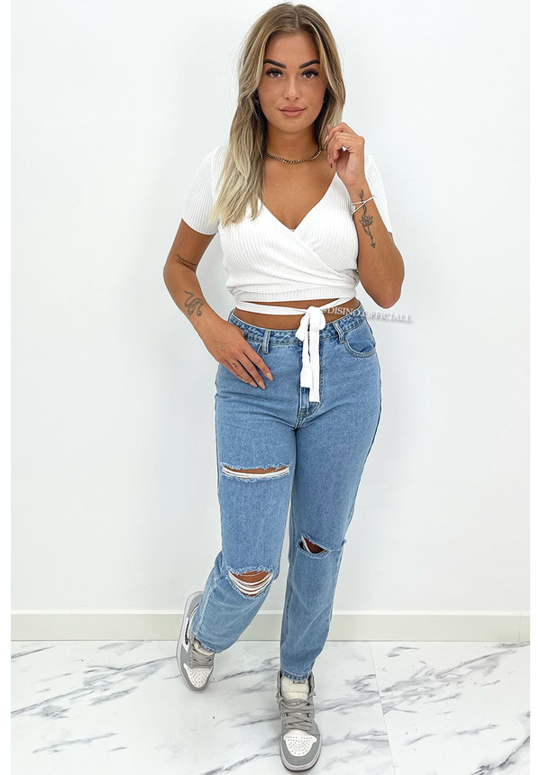 REDIAL - BLUE - HIGH WAIST RIPPED MOM JEANS - 1266