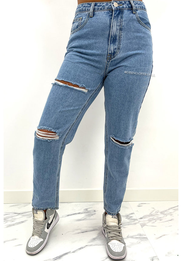 REDIAL - BLUE - HIGH WAIST RIPPED MOM JEANS - 1266