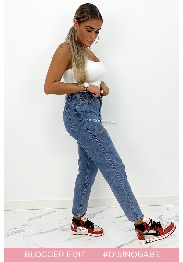 SEE SEE PARIS - BLUE - HIGH WAIST RIPPED SIDE BOYFRIEND JEANS - 438