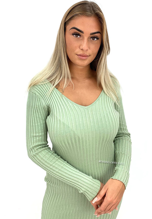 GREEN - 'JAZZY V2' - PREMIUM QUALITY RIBBED V-NECK DRESS