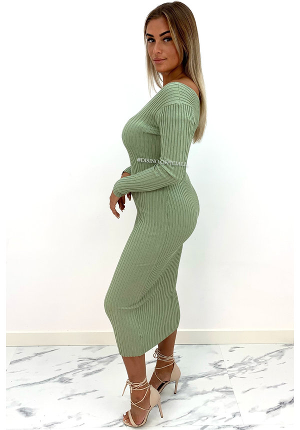 GREEN - 'JAZZY V2' - PREMIUM QUALITY RIBBED V-NECK DRESS