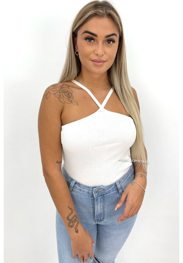 WHITE - 'SOPHIE' - RIBBED CROSS TOP