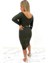 KHAKI GREEN - 'JAZZY MIDI' - PREMIUM QUALITY RIBBED V-NECK DRESS