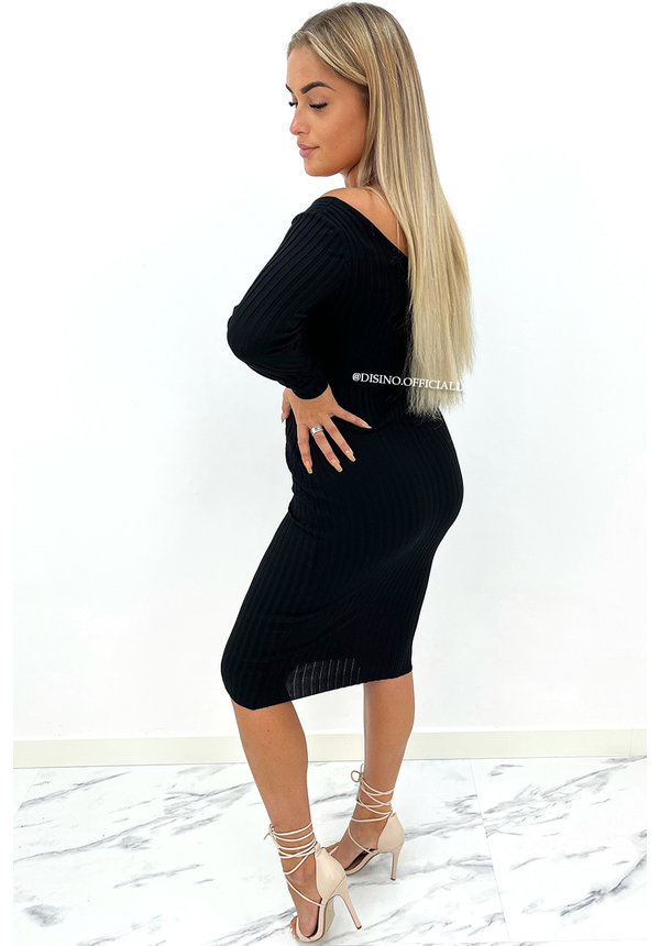 BLACK - 'JAZZY MIDI' - PREMIUM QUALITY RIBBED V-NECK DRESS