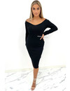 BLACK - 'JAZZY MIDI' - PREMIUM QUALITY RIBBED V-NECK DRESS