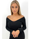 BLACK - 'JAZZY MIDI' - PREMIUM QUALITY RIBBED V-NECK DRESS