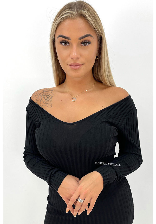 BLACK - 'JAZZY MIDI' - PREMIUM QUALITY RIBBED V-NECK DRESS