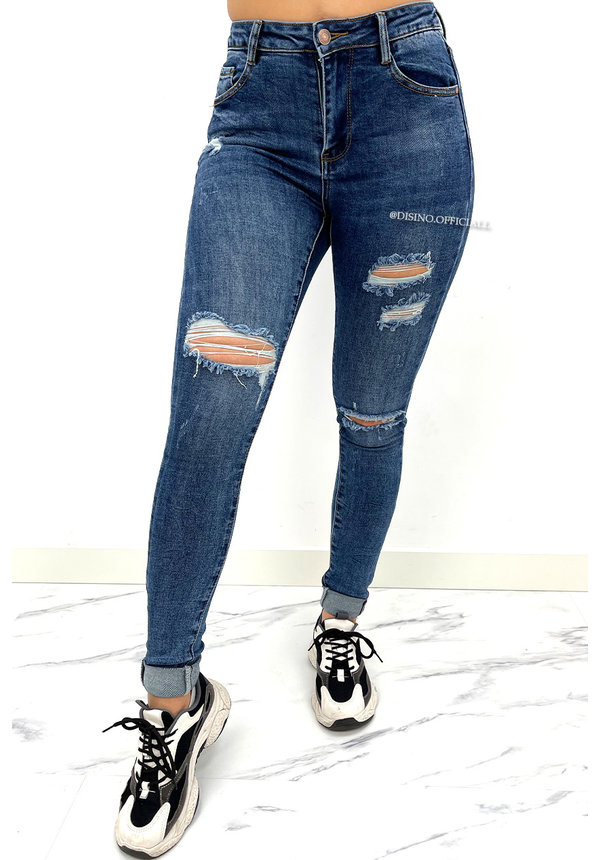 DARK BLUE - EXTRA LONG RIPPED HIGH WAIST SKINNY JEANS - 028