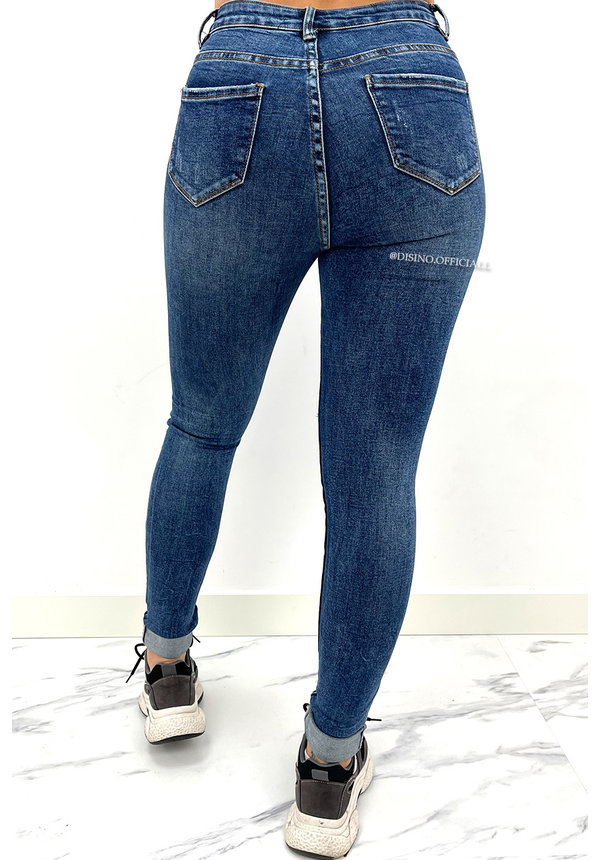 DARK BLUE - EXTRA LONG RIPPED HIGH WAIST SKINNY JEANS - 028