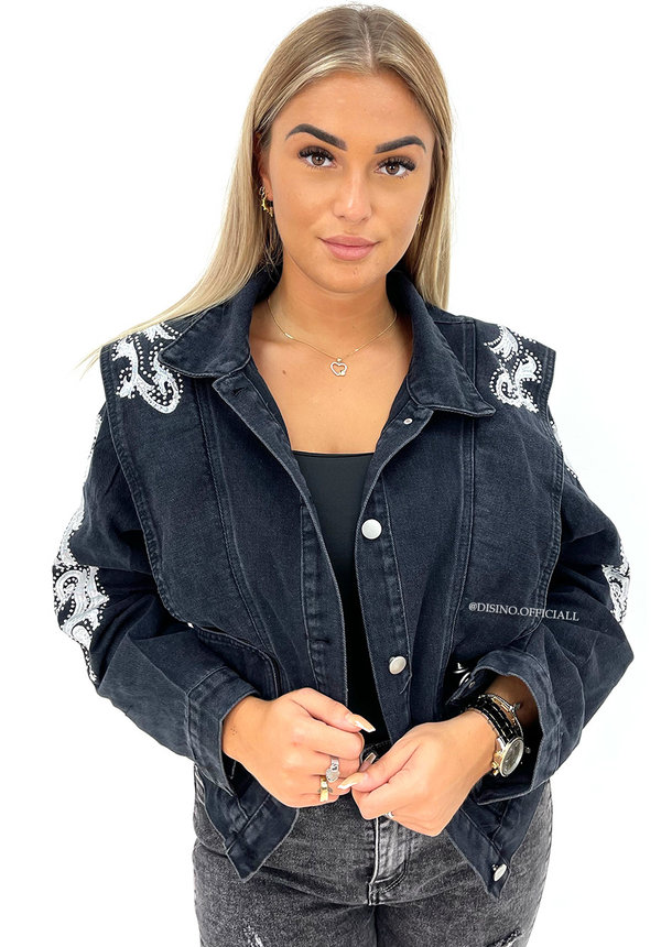 BLACK - 'BEVERLY STUDS' - PREMIUM QUALITY INSPIRED DENIM FLAMES JACKETS