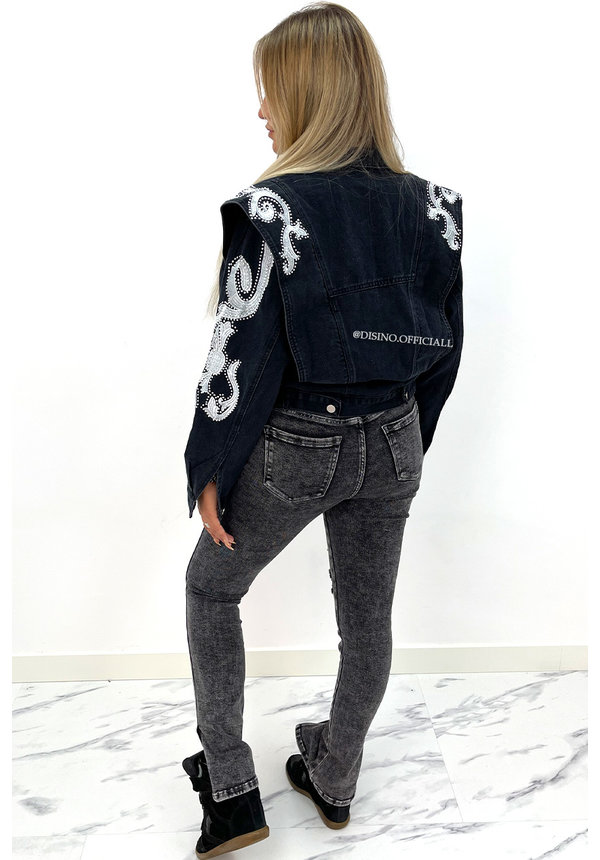 BLACK - 'BEVERLY STUDS' - PREMIUM QUALITY INSPIRED DENIM FLAMES JACKETS