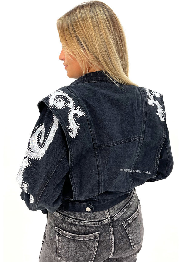 BLACK - 'BEVERLY STUDS' - PREMIUM QUALITY INSPIRED DENIM FLAMES JACKETS