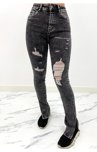 REDIAL - DARK GREY - HIGH WAIST RIPPED SKINNY JEANS SIDE SPLIT - 5855 