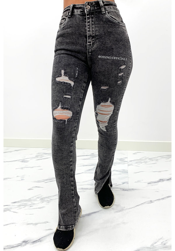 REDIAL - DARK GREY - HIGH WAIST RIPPED SKINNY JEANS SIDE SPLIT - 5855