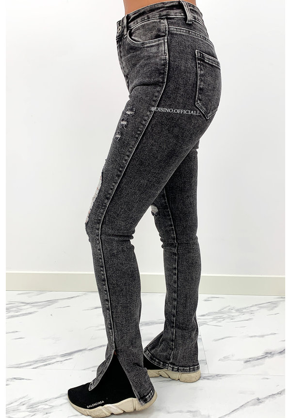 REDIAL - DARK GREY - HIGH WAIST RIPPED SKINNY JEANS SIDE SPLIT - 5855