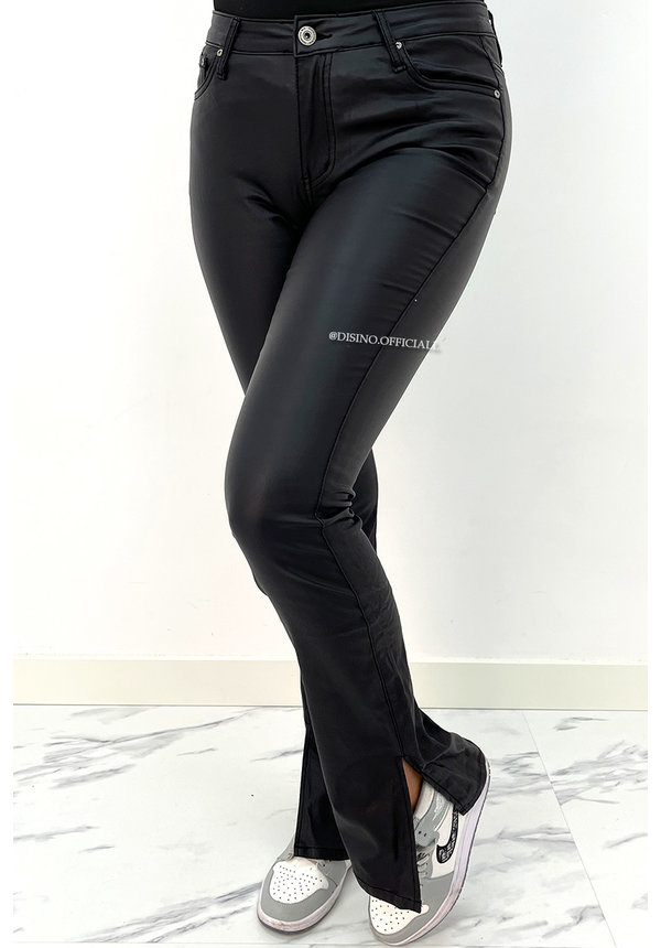 BLACK - SUPER STRETCH VEGAN LEATHER FLARED SPLIT JEANS - 7263