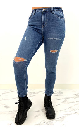 QUEEN HEARTS JEANS - DARK BLUE - RIPPED SKINNY HIGH WAIST TREGGING JEANS - 857