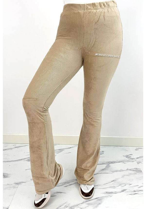 BEIGE - 'KYRA' - RIBBED VELVET FLARE PANTS