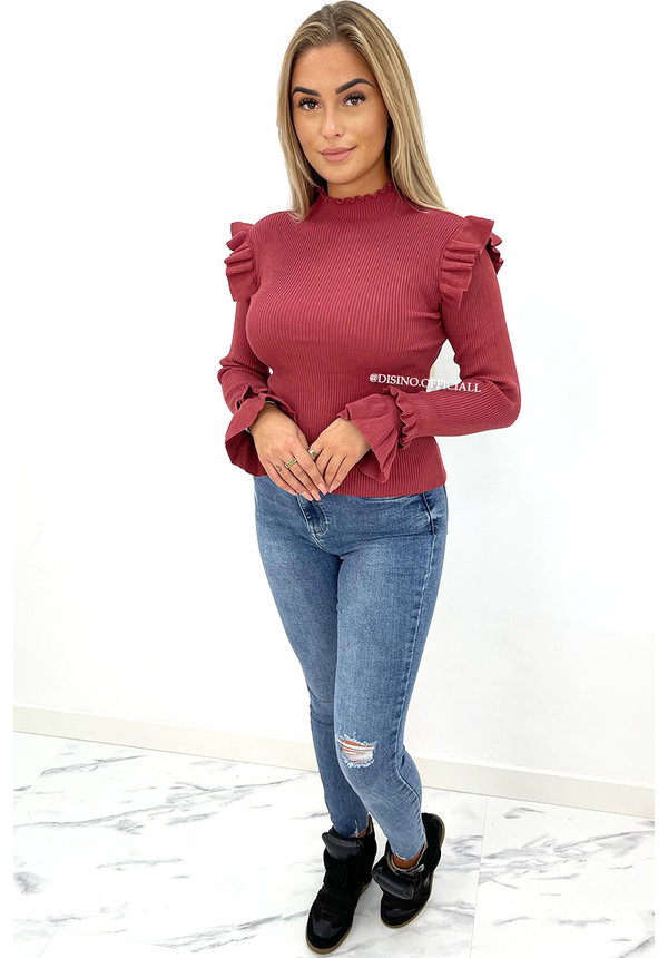 PINK - 'LIES TOP' - PREMIUM QUALITY RIBBED RUFFLE TOP