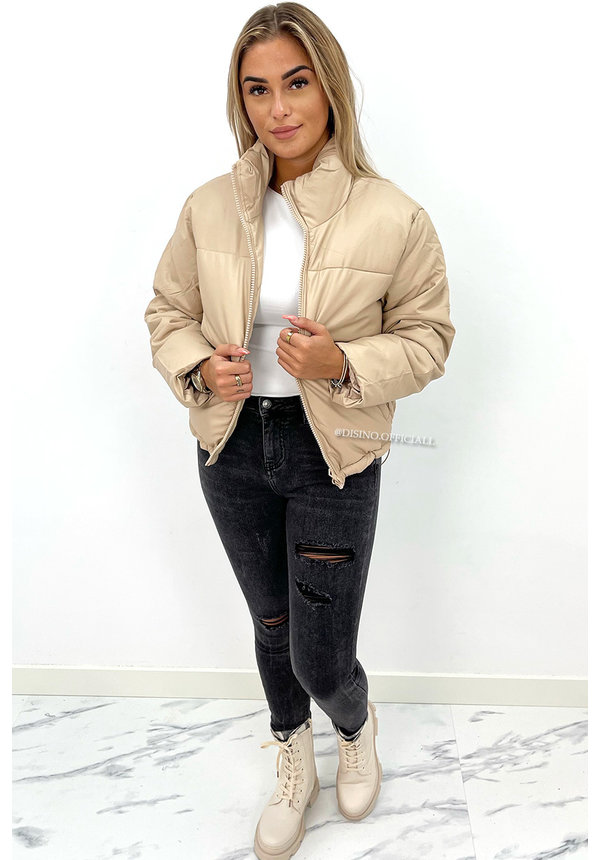 BEIGE - 'IVEY' - OVERSIZED VEGAN LEATHER PUFFER JACKET