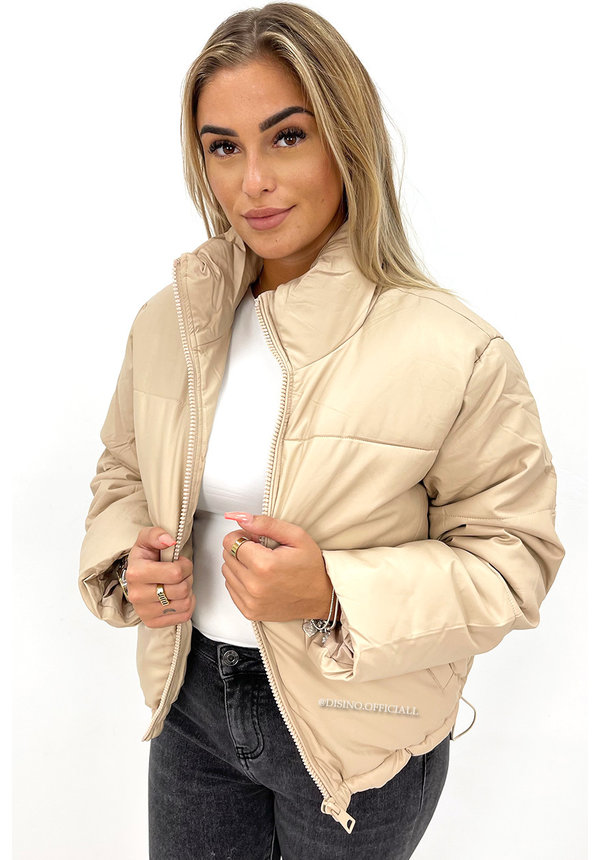 BEIGE - 'IVEY' - OVERSIZED VEGAN LEATHER PUFFER JACKET