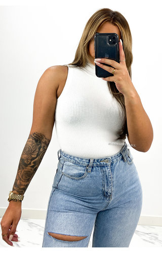 WHITE - 'LEXI' - SOFT TOUCH RIBBED SLEEVELESS COL TOP WHITE - 'LEXI' - SOFT TOUCH RIBBED SLEEVELESS COL TOP