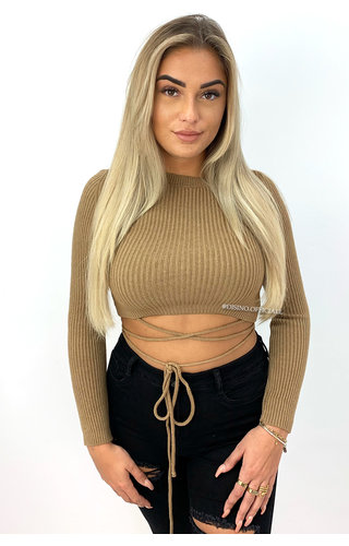 CAMEL - 'ABIGAIL' - LONG SLEEVE KNITTED TIE TOP CAMEL - 'ABIGAIL' - LONG SLEEVE KNITTED TIE TOP