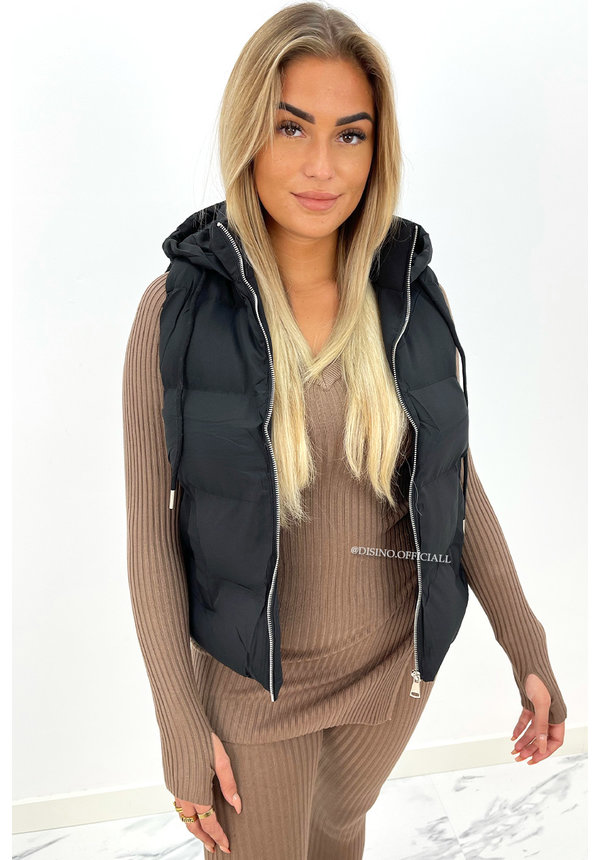 BLACK - 'BETTY' - PUFFER BODYWARMER WITH CAPUCHON