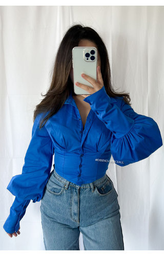 BLUE - 'LUCIE BLOUSE' - CORSET PUFF SHOULDER BLOUSE BLUE - 'LUCIE BLOUSE' - CORSET PUFF SHOULDER BLOUSE