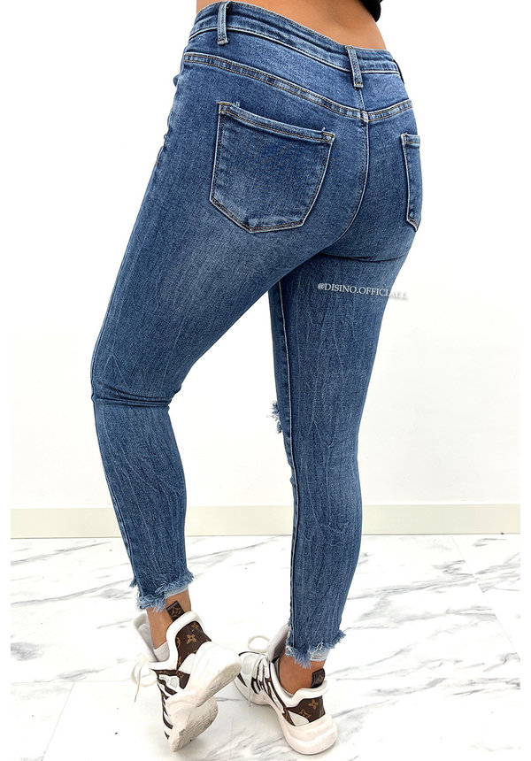 REDIAL - DARK BLUE - MEDIUM HIGH WAIST DISTRESSED SKINNY JEANS - 6938