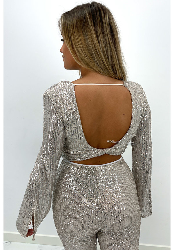 BEIGE - 'YASMINE TOP' - OPEN BACK BELL SLEEVE SEQUIN TOP