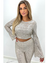 BEIGE - 'YASMINE TOP' - OPEN BACK BELL SLEEVE SEQUIN TOP