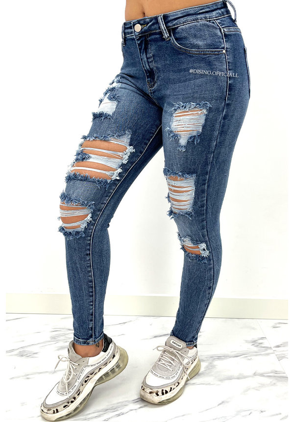 REDIAL - DARK BLUE - RIPPED MID HIGH WAIST SKINNY JEANS - 6782