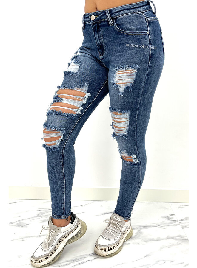 REDIAL - DARK BLUE - RIPPED MID HIGH WAIST SKINNY JEANS - 6782