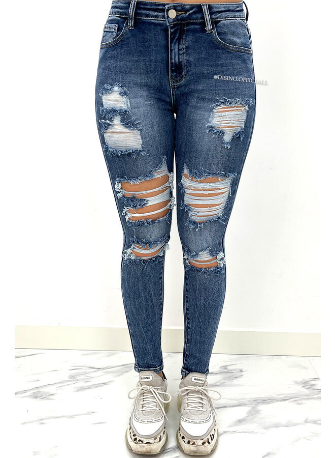 REDIAL - DARK BLUE - RIPPED MID HIGH WAIST SKINNY JEANS - 6782
