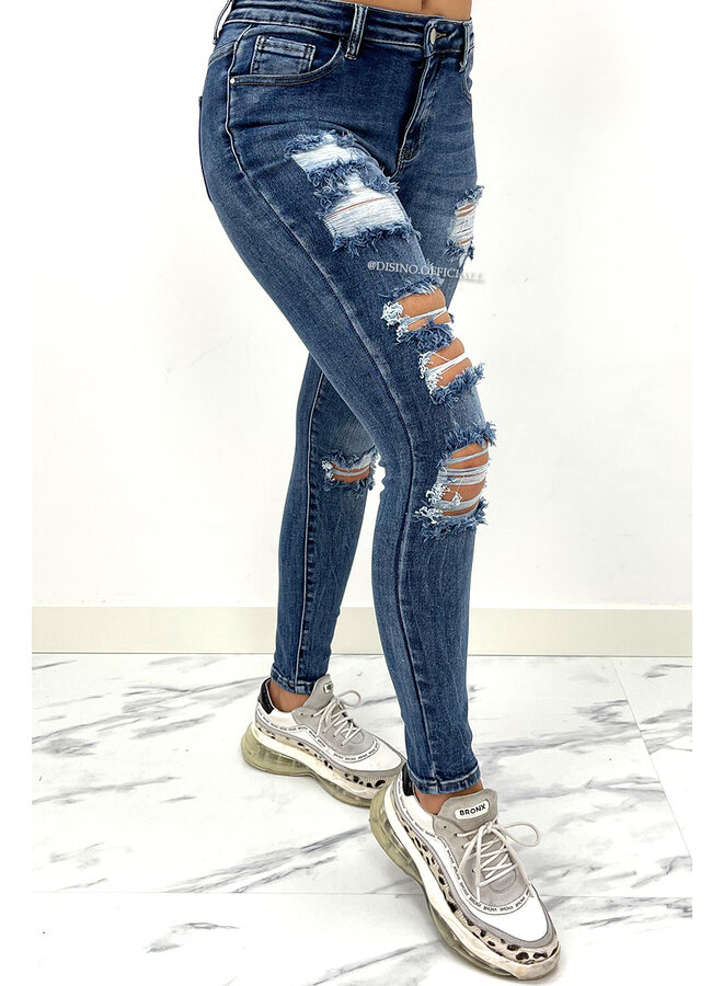 REDIAL - DARK BLUE - RIPPED MID HIGH WAIST SKINNY JEANS - 6782