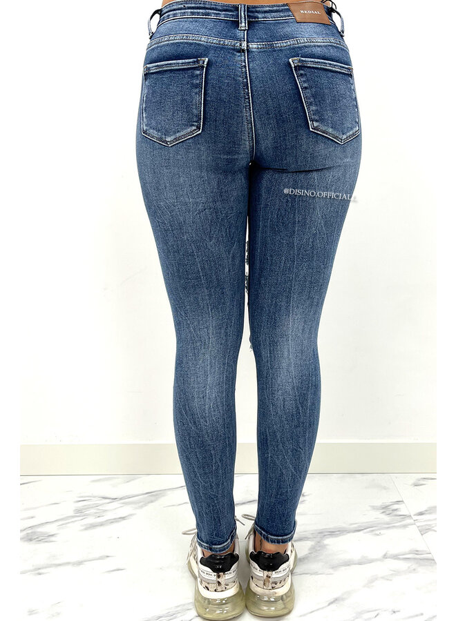 REDIAL - DARK BLUE - RIPPED MID HIGH WAIST SKINNY JEANS - 6782