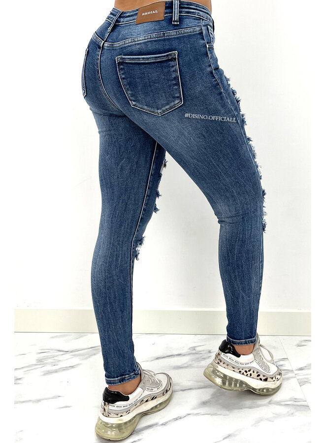 REDIAL - DARK BLUE - RIPPED MID HIGH WAIST SKINNY JEANS - 6782