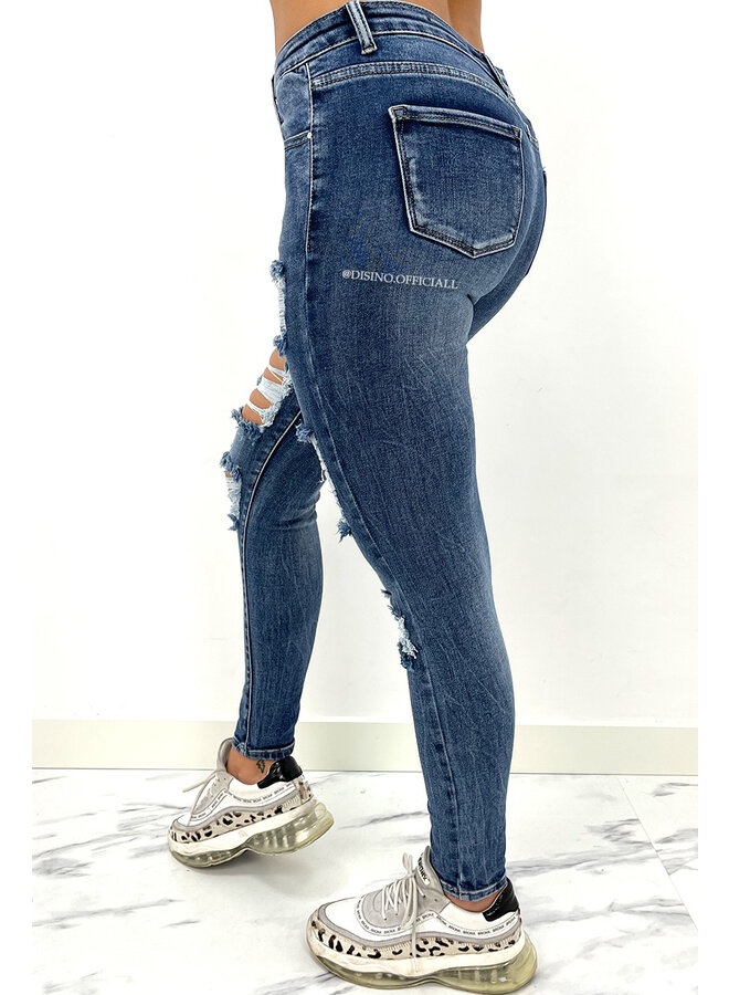 REDIAL - DARK BLUE - RIPPED MID HIGH WAIST SKINNY JEANS - 6782