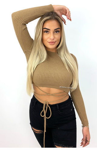 CAMEL - 'ABIGAIL' - LONG SLEEVE KNITTED TIE TOP CAMEL - 'ABIGAIL' - LONG SLEEVE KNITTED TIE TOP