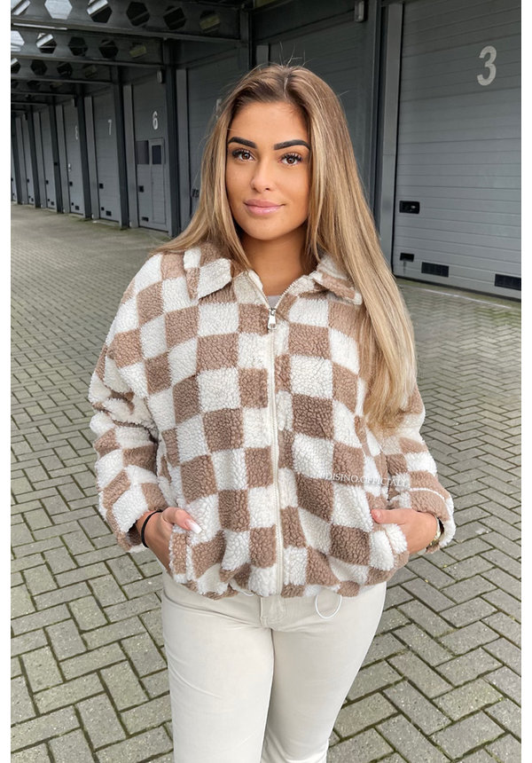 BEIGE - 'CHESS' - CHECKED TEDDY BOMBER