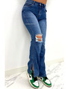 QUEEN HEART JEANS - MEDIUM BLUE - STRETCH RIPPED KNEE SPLIT STRAIGHT LEG JEANS - 868