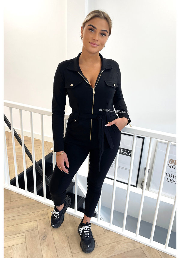 BLACK - 'CAITLYN' - SUPER STRETCH CARGO JUMPSUIT