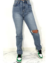 BLUE - 'MARSEILLE' - STRETCH HIGH WAIST ONE KNEE RIPPED STRAIGHT LEG JEANS